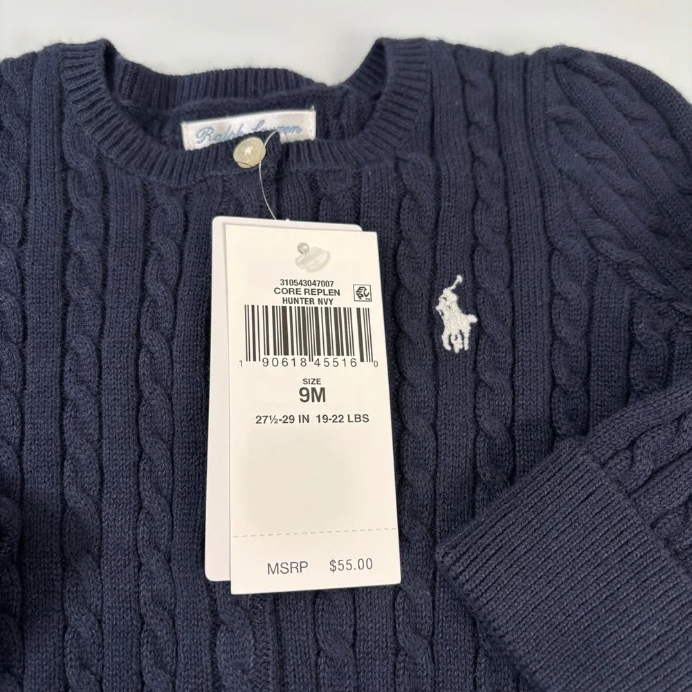Ralph Lauren Baby Girl 9M Hunter Navy Cardigan NEW Mini-Cable Cotton Knit Pony